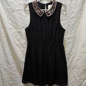 Modcloth black chiffon knee length sleeveless dress gold sequin beaded collar XL